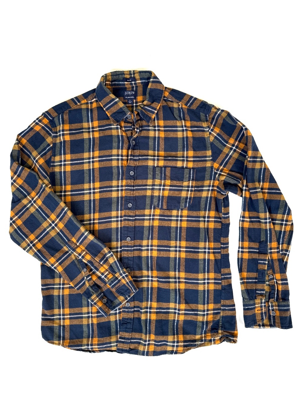 J. Crew Navy and Mustard Plaid Flannel Button-Down Shirt